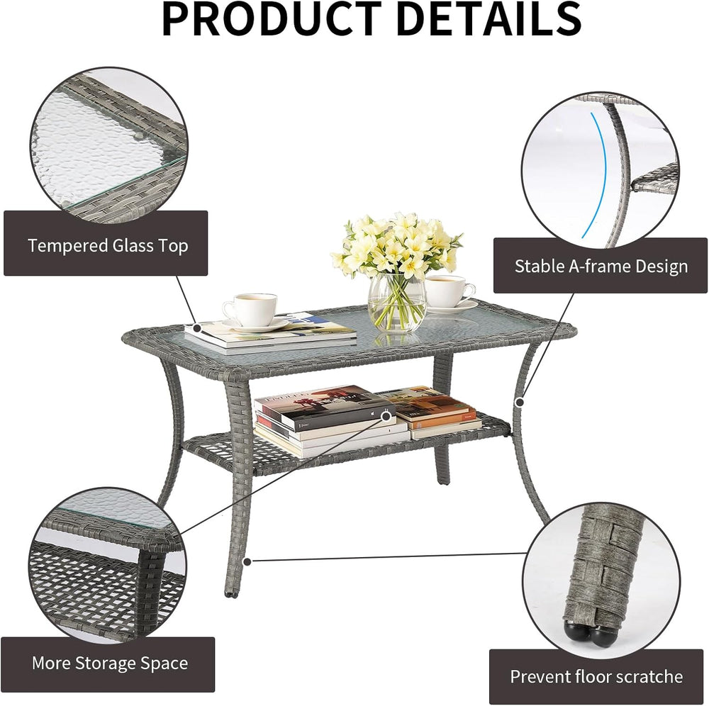 VINGLI Outdoor Coffee Table with Storage Wicker Patio Coffee Table, Tempered ...