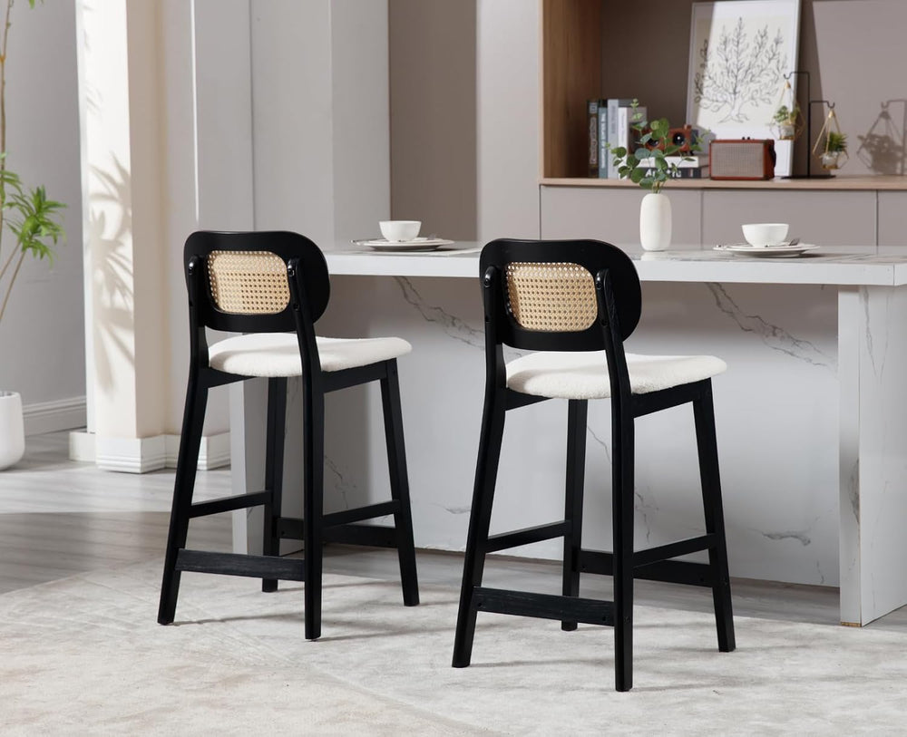 Shunzhi Rattan Counter Height Bar Stools Set of 2, Upholstered Sherpa Barstoo...