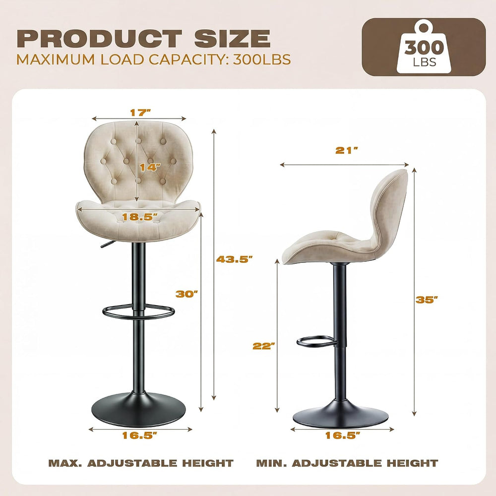 GRUSIGN Bar Stools Set of 2, Modern Swivel Adjustable Bar Chairs, Chenille Fa...