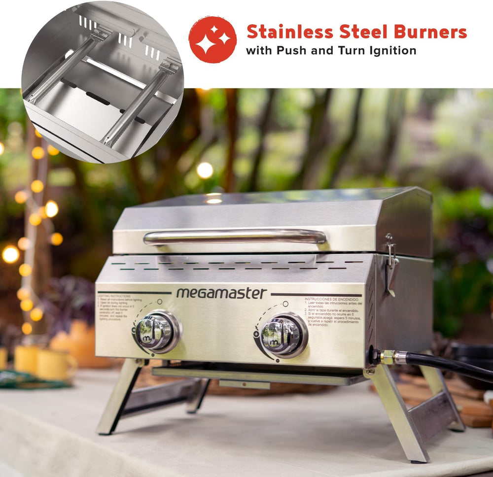 Megamaster Tabletop 2 Burner Gas Grill, Stainless Steel with Foldable Legs