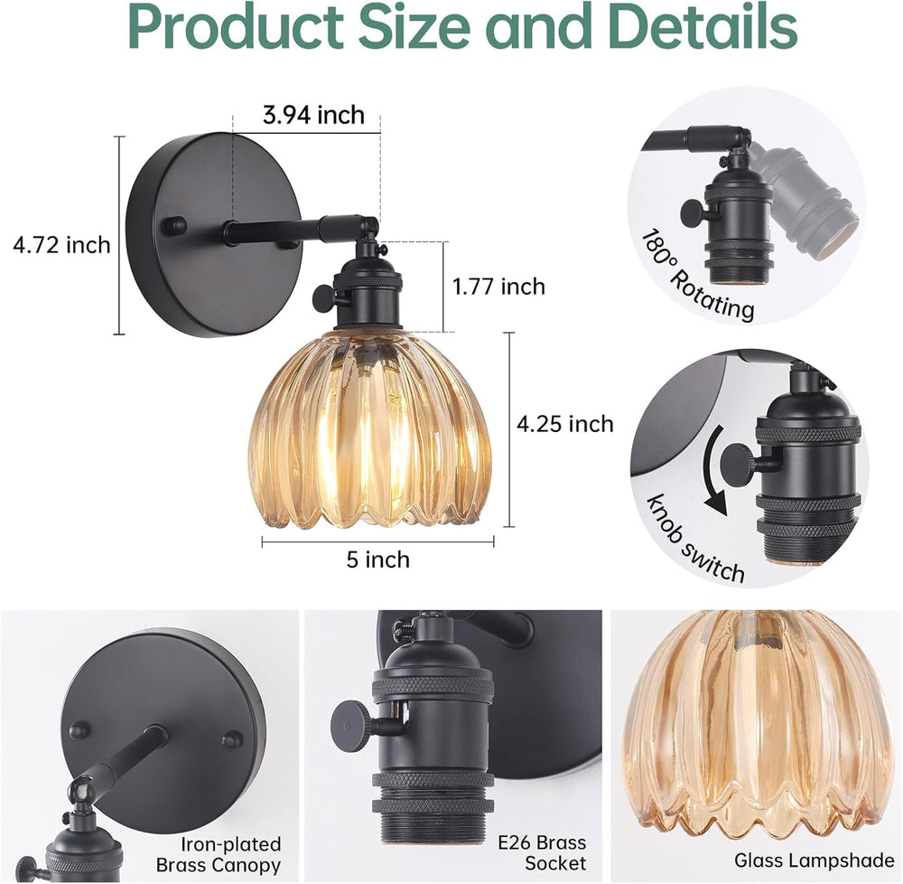 Shenmoyl Vintage Wall Sconce with Amber Tulip Glass Lampshade 180 Degree Adju...