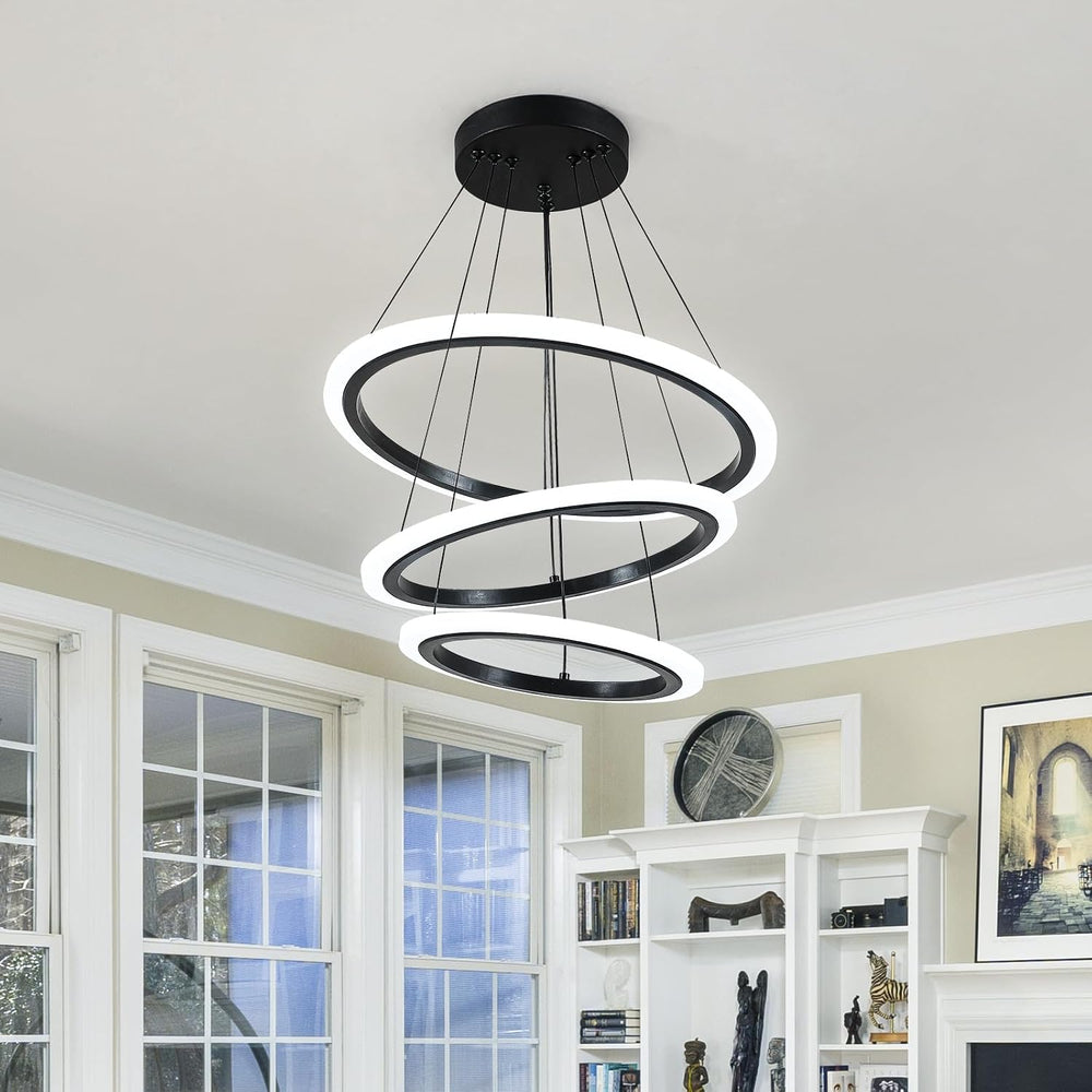 O'NEELDY Modern 3 Ring LED 52W Black Pendant Light with Irregular Ring Li...