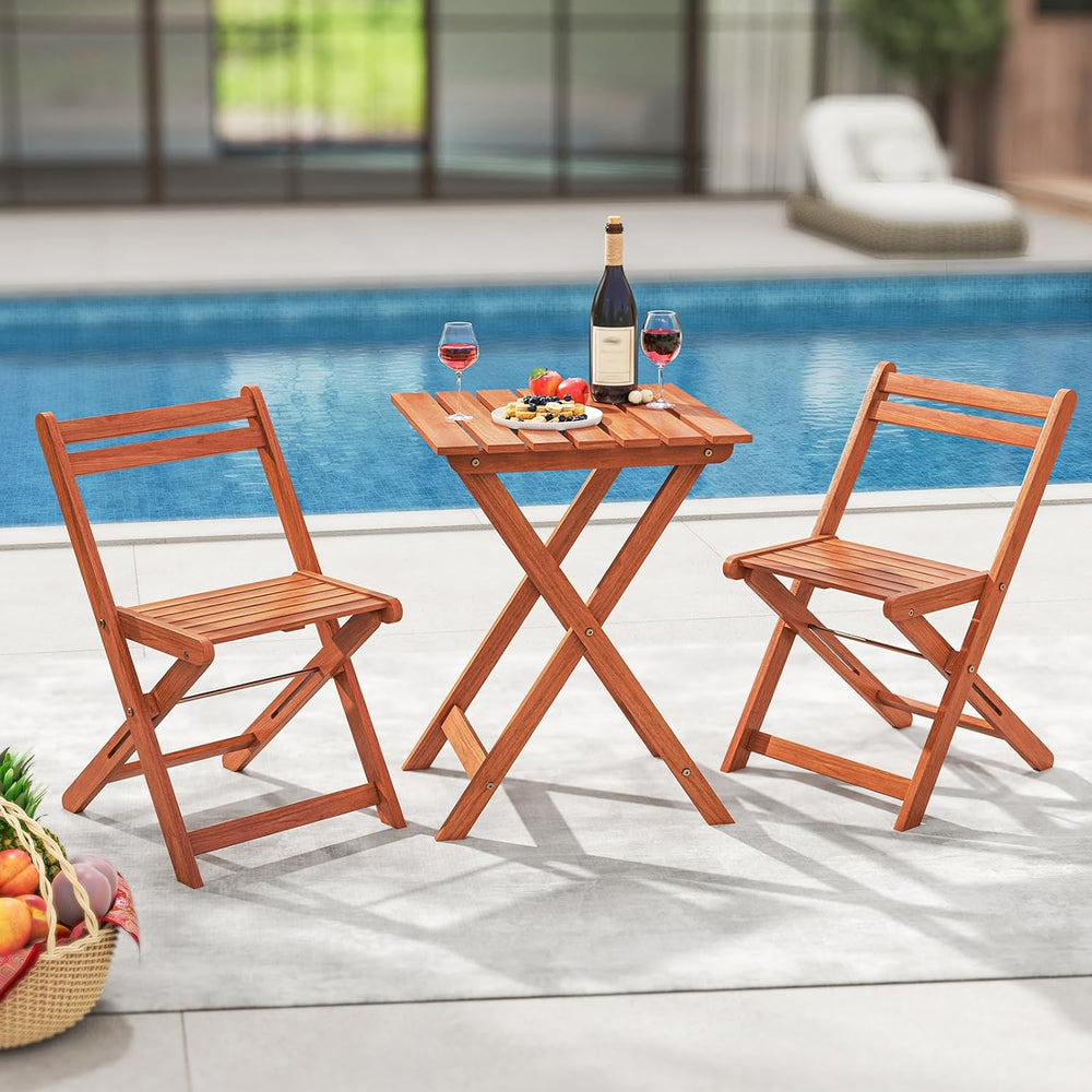 Tangkula 3 Pieces Solid Wood Patio Bistro Set with 2 Folding Chairs, Outdoor ...
