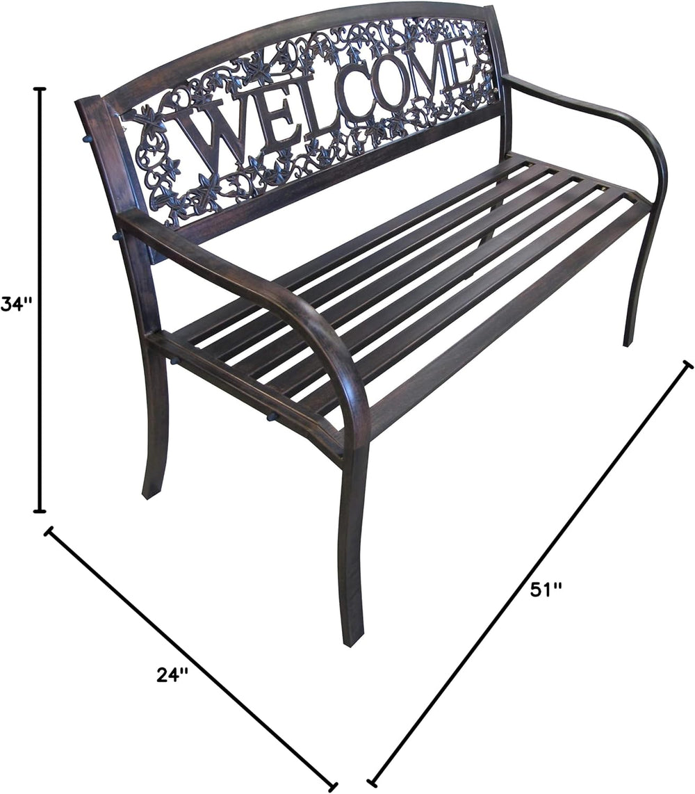 Leigh Country Metal Outdoor Bench, Welcome Design, Decorative Patio Seating f...