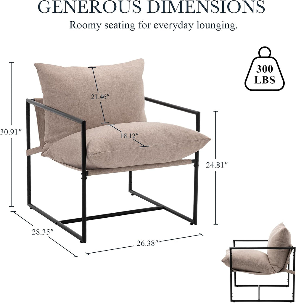 Modern Accent Chair, Upholstered Reading Sling Chair with Metal Frame and Sof...