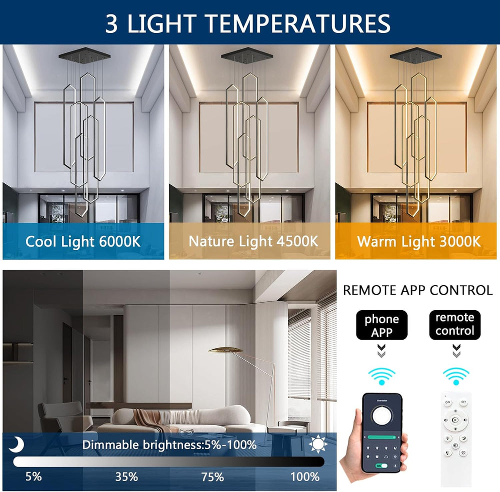 6-Rings Chandelier Modern, Black Large Contemporary LED Light for Living Room...