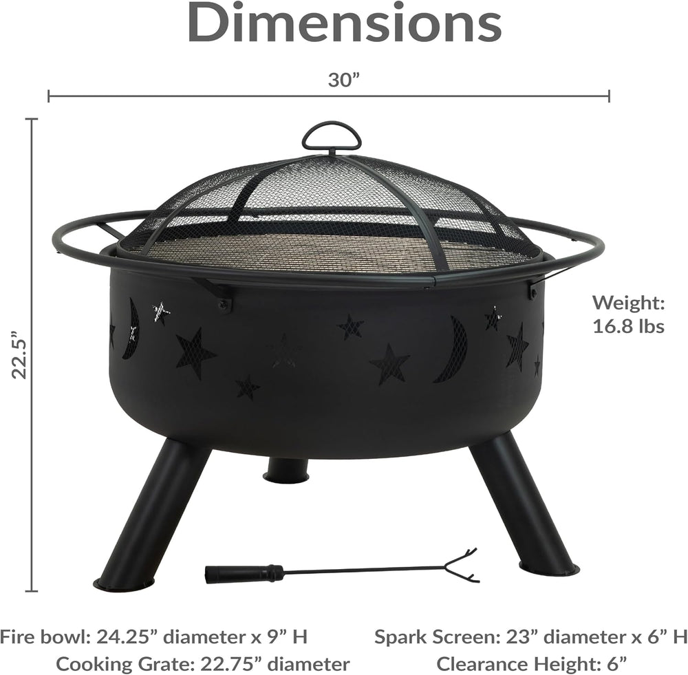 Sunnydaze Cosmic 30" Outdoor Wood Fire Pit with Grill Grate, Steel, Black
