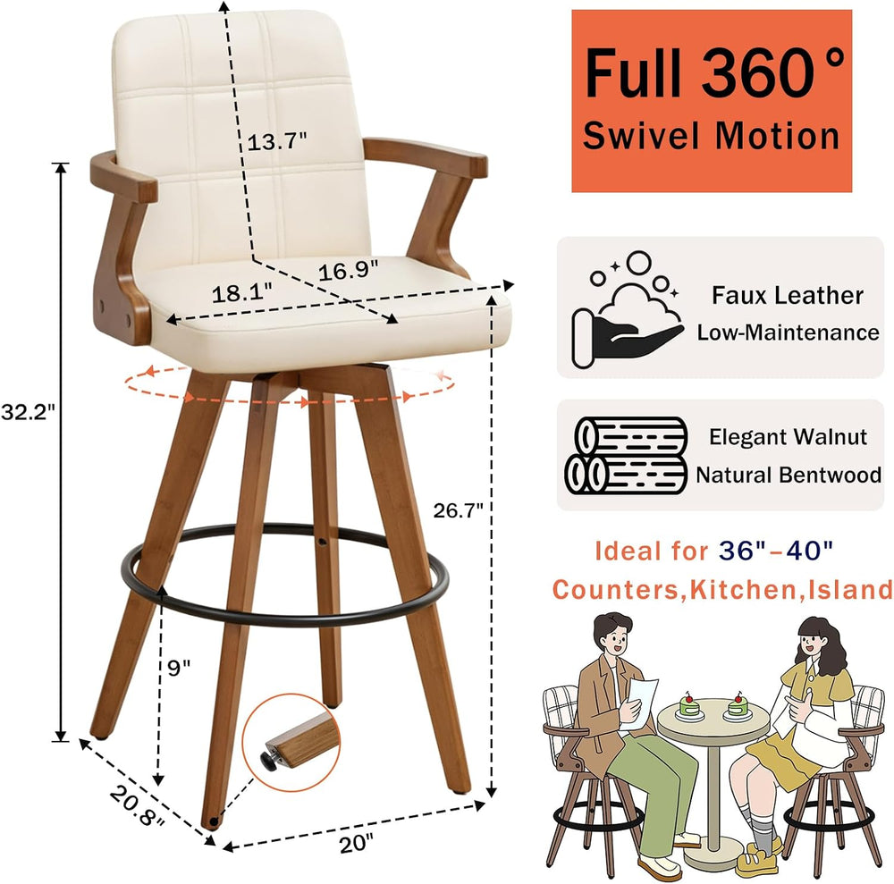 Swivel Counter Stools Set of 3 with Walnut Finish, Mid-Century Modern 26.7 In...