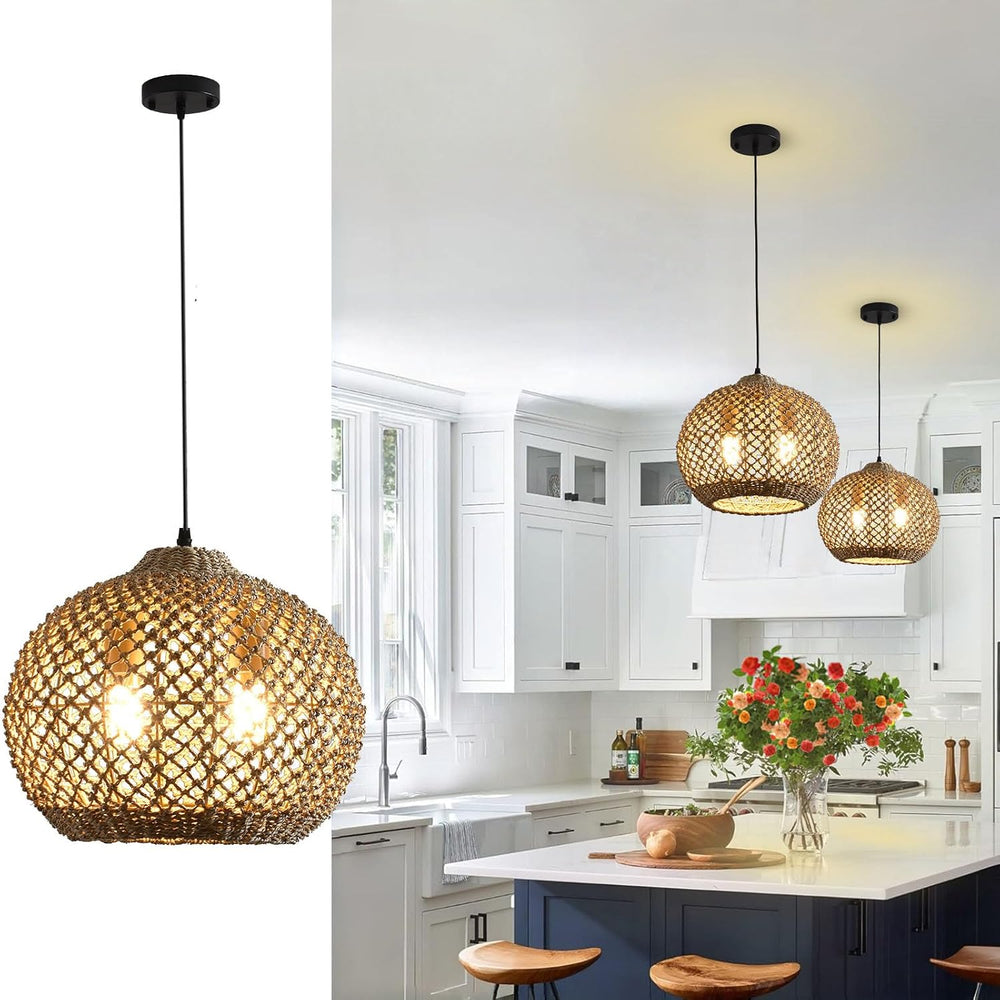 Boho Rattan Pendant Light Fixture 13.79" 2-Light Wicker Lights