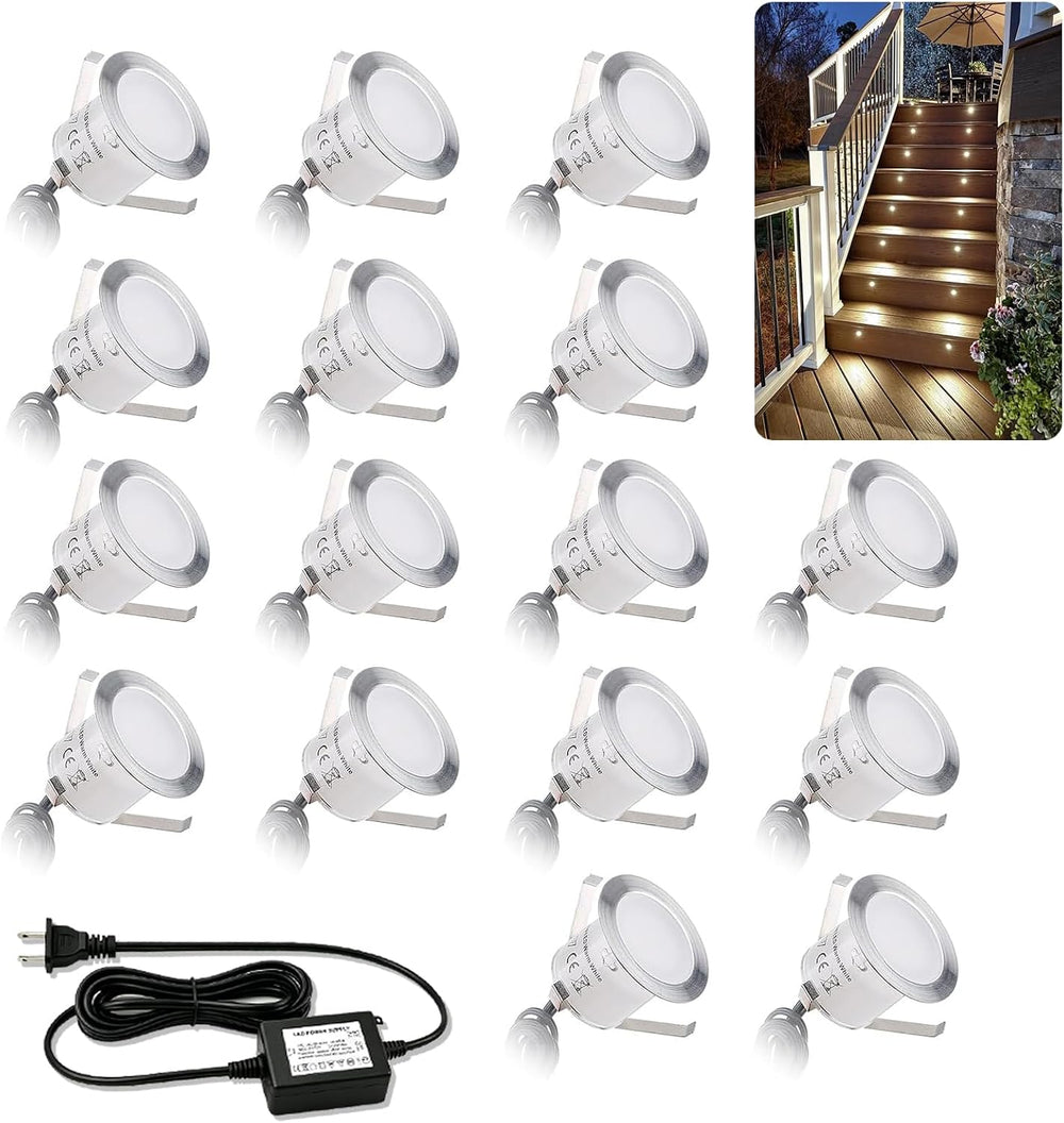16 Pack Recessed LED Deck Light Kits, 32mm Warm White, IP67 Waterproof 12V Lo...