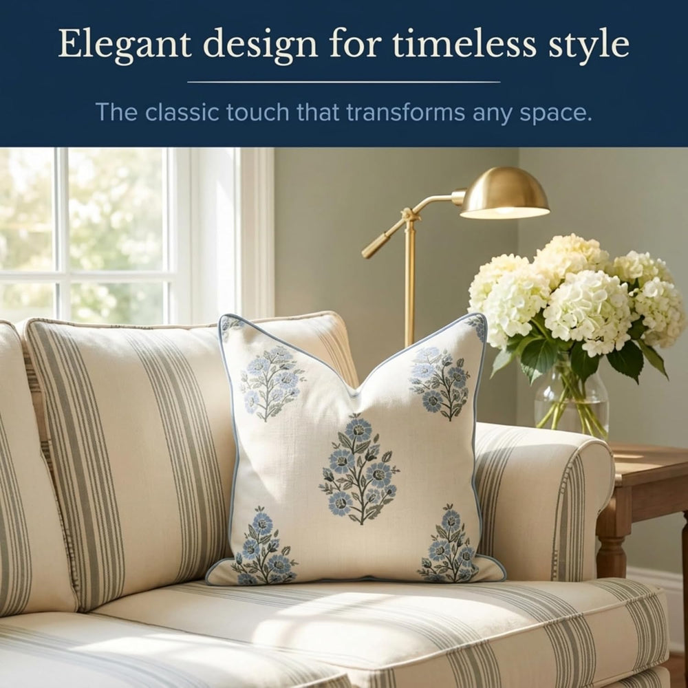 Jillien Harbor “The Camille” Floral Block Print Pillow Cover – Soft Blue and ...