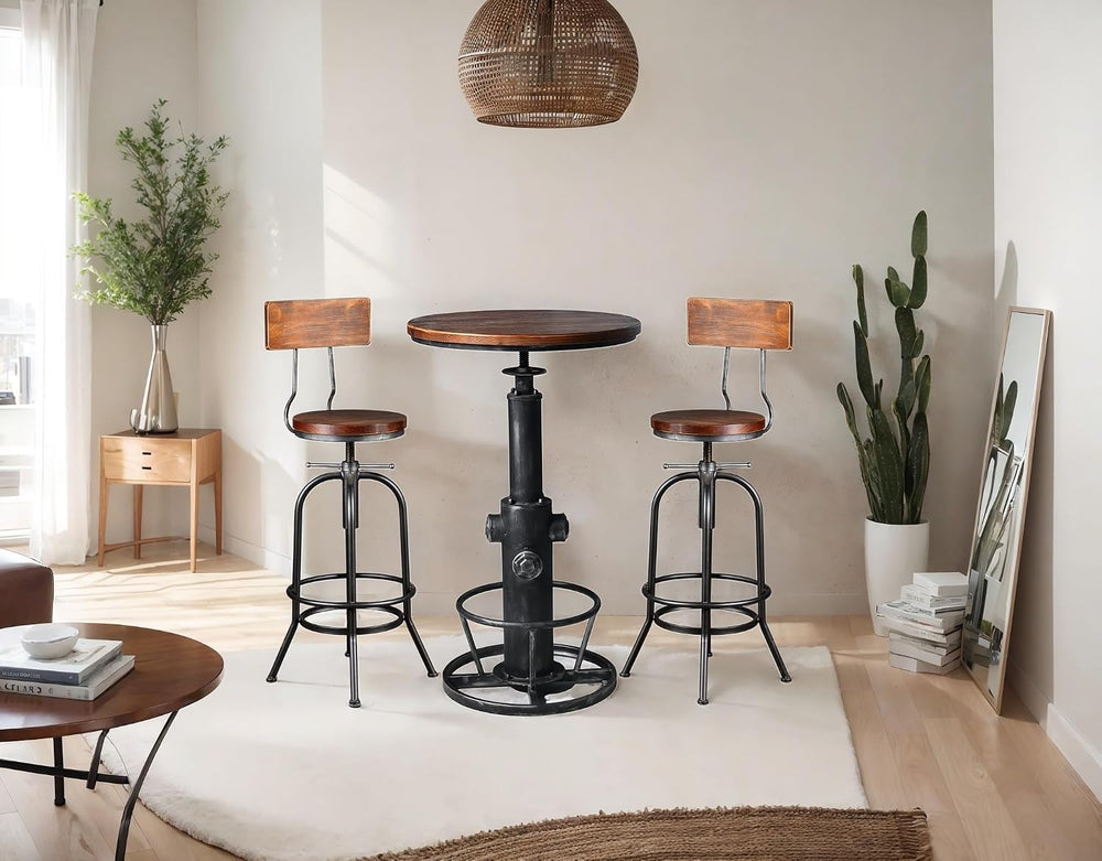 LOKKHAN 3-Piece Bar Table (38.6"-48.4") & 2 Backrest Stools (26...