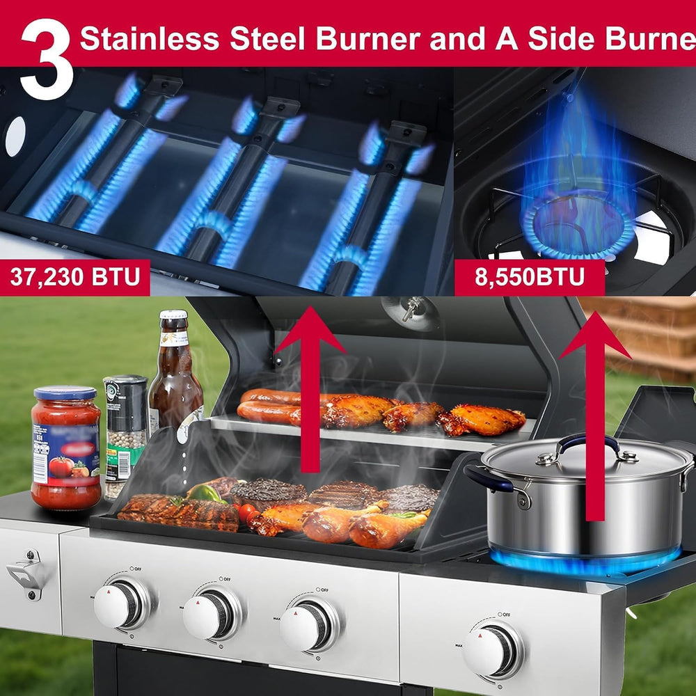 3-Burner Propane Gas Grill with Side Burner for Outdoor BBQ