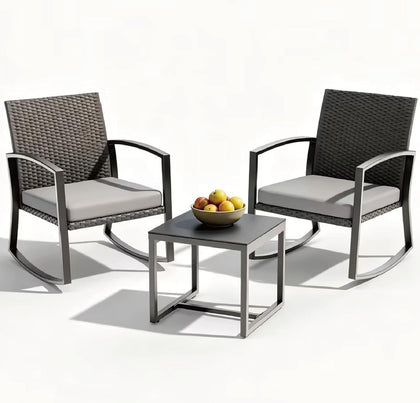 Rocking Patio Bistro Sets - All-Weather - 3 Piece Rattan Conversation Furniture Set, Wicker Outdoor Front Porch Chair for Balcony, Porch, Garden, Backyard, Poolside,Gray