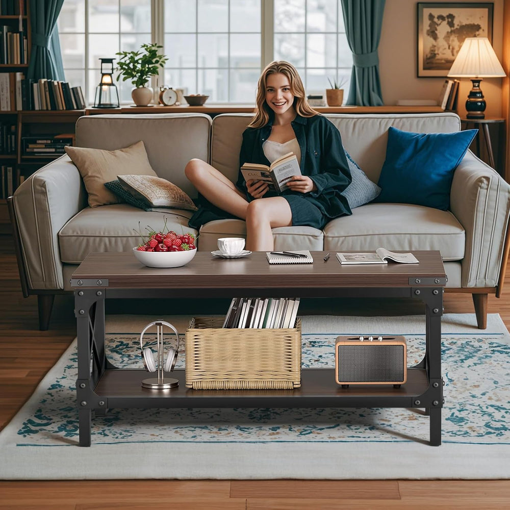 Rectangle Coffee Tables for Living Room, Wood Rectangular Coffee Table, 2 Tie...