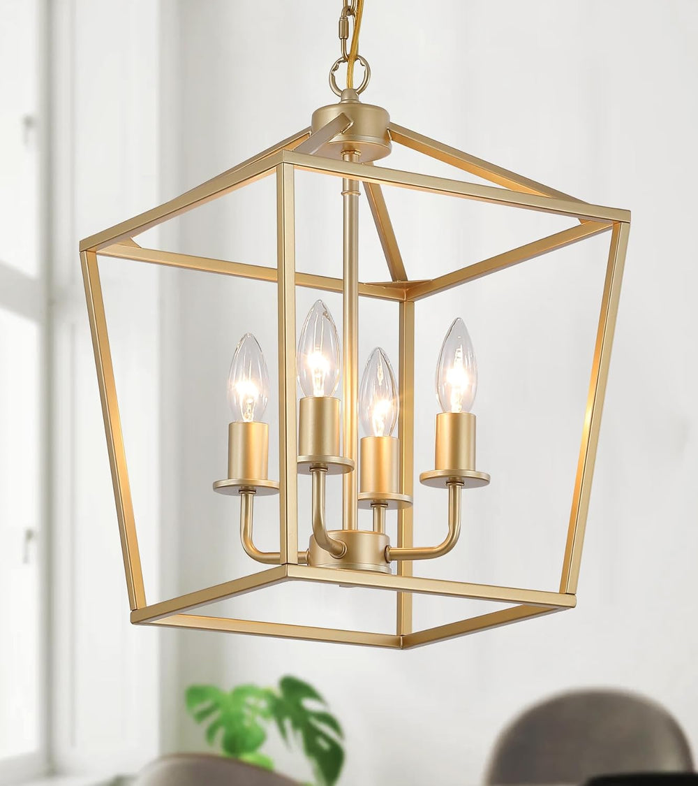 Industrial 4 Lights Chandelier, Gold Lantern Ceiling Light Fixtures with Rust...