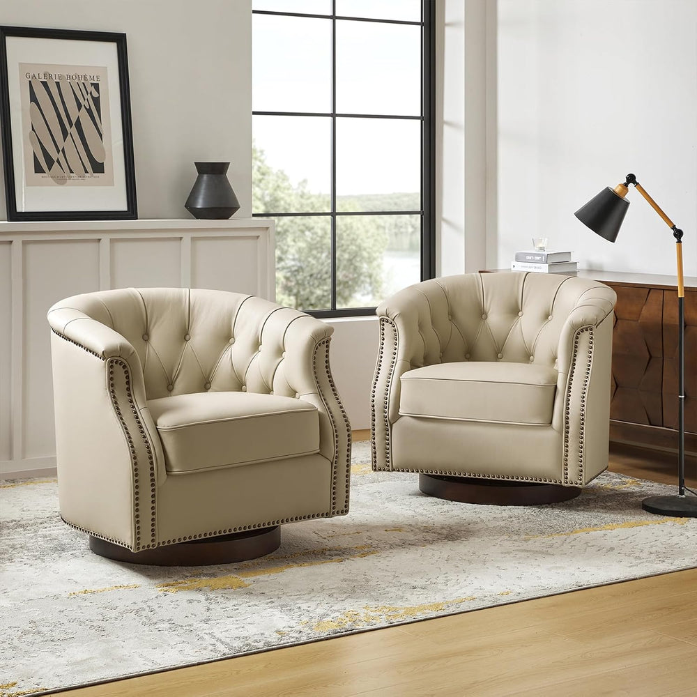 HULALA HOME Genuine Leather Swivel Rocker Chairs, Fully Assembled, Beige