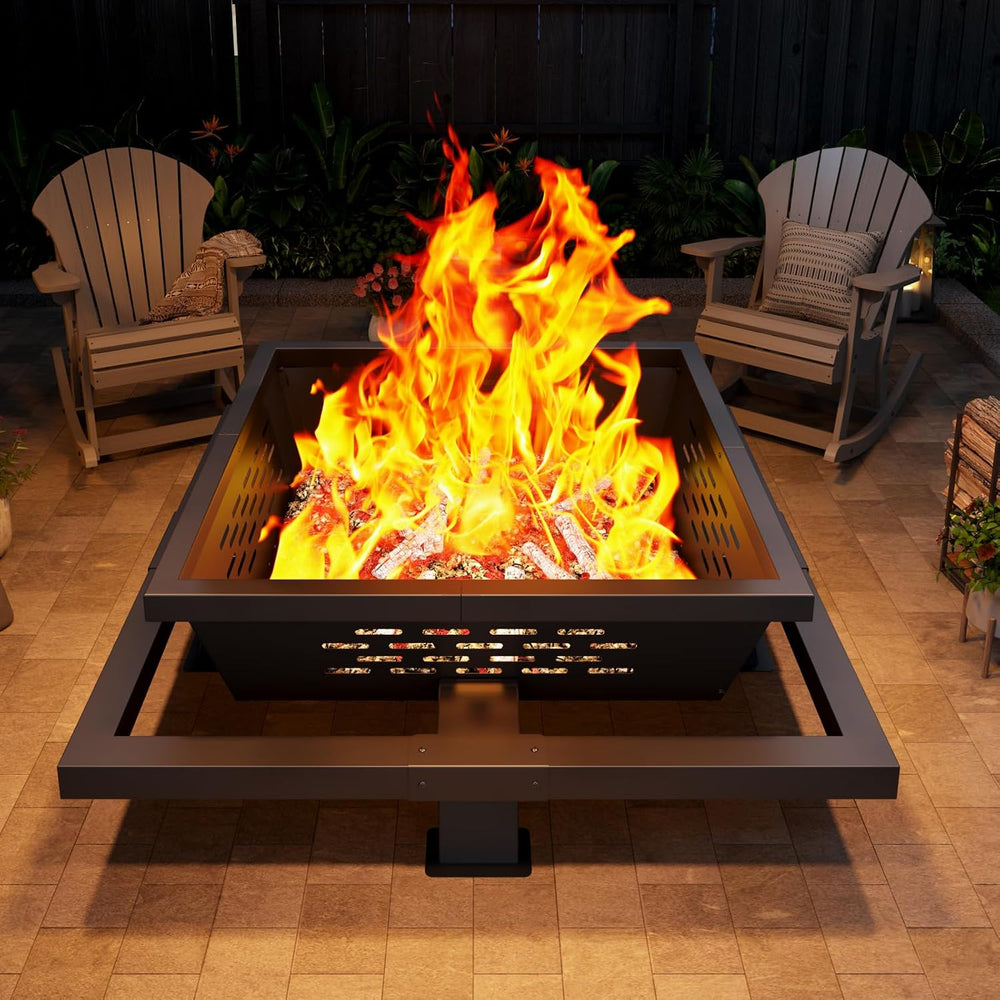 47" Large Fire Pit, Square Outdoor Fire Pit with Poker, Wood Burning Fir...