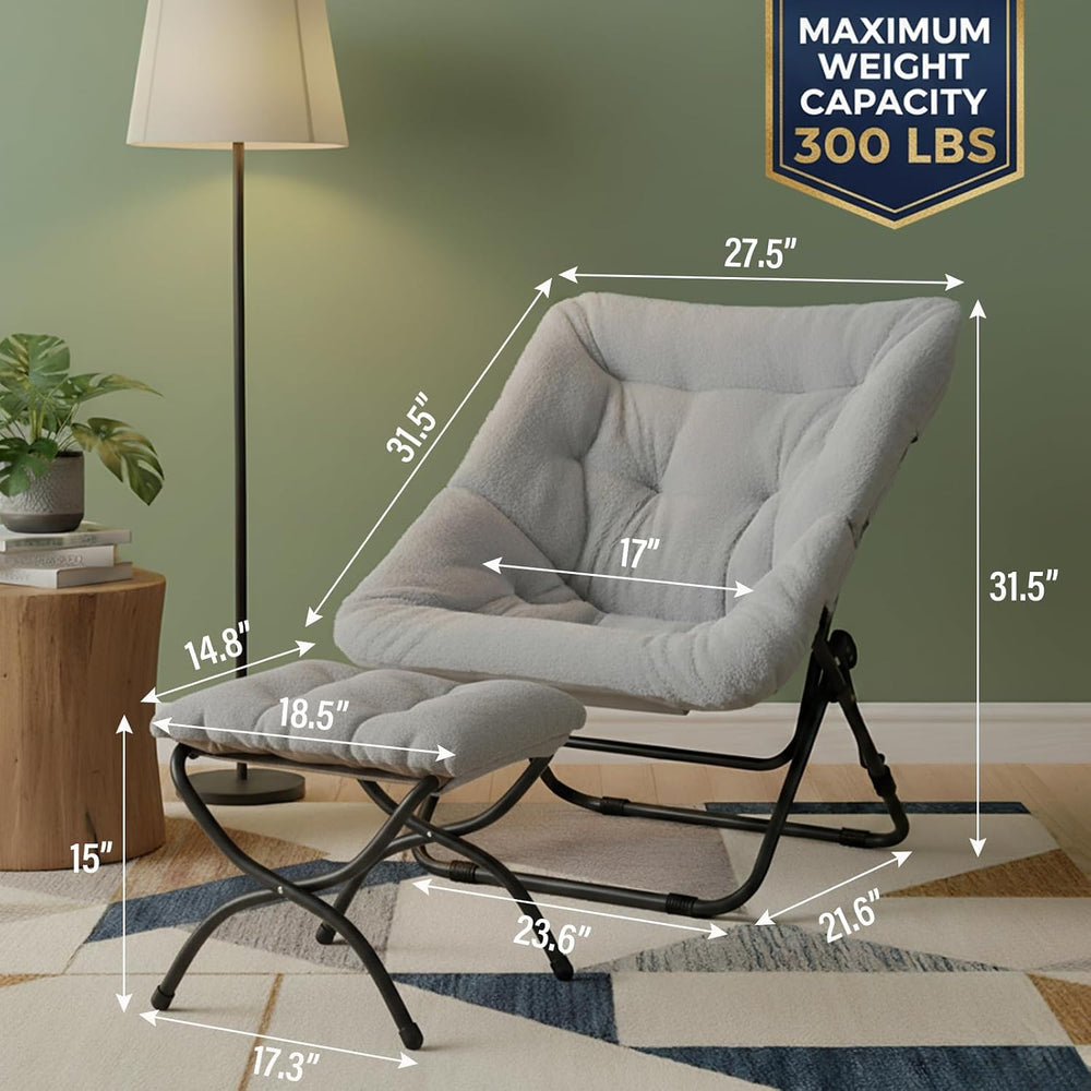 Tiita Folding Saucer Chair with Ottoman for Adults, Comfy Moon Chair, Grey