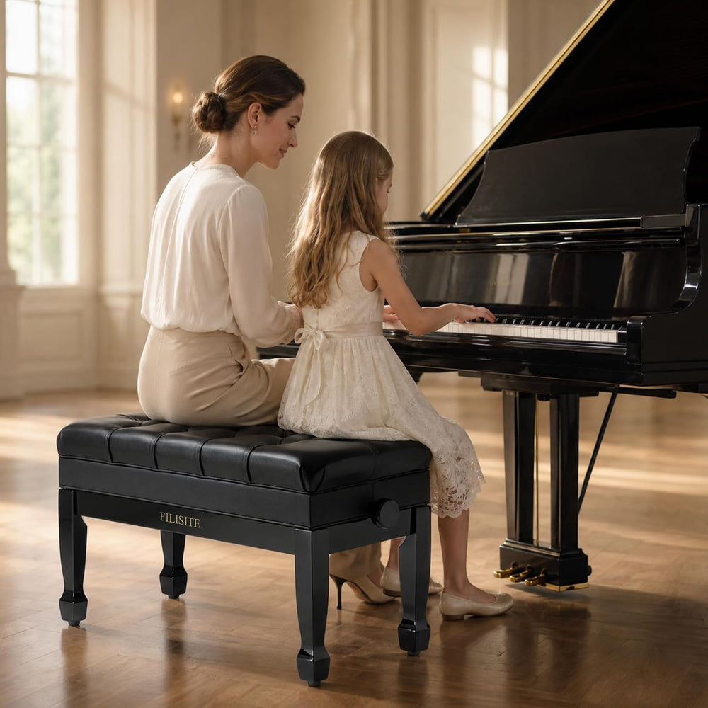Genuine Leather Duet Piano Bench with Storage,Adjustable Heavy Duty Wooden Do...