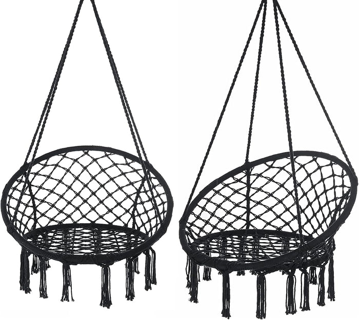 Garpans Macrame Hammock Set of 2 - Bohemian Style Hammock Swing Chairs with Tassels - Handmade Knitted Cotton Rope - Indoor/Outdoor - Max 330 Lbs - Black