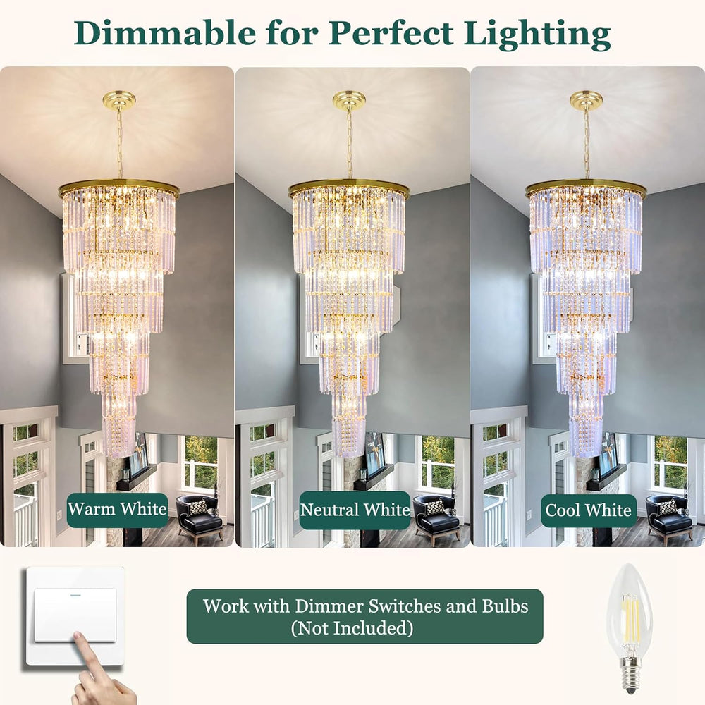 Gold Long Crystal Chandelier for High Ceiling, H49 inch Modern Large Chandeli...