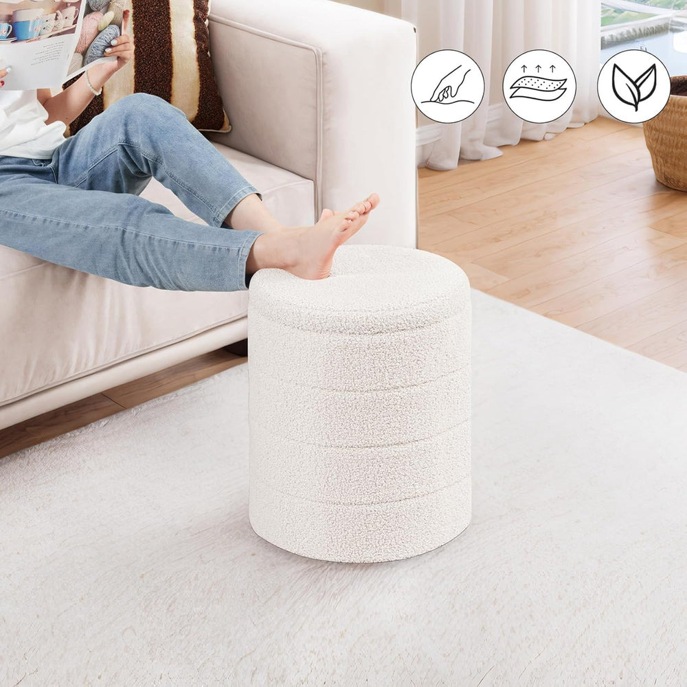 PINPLUS Round Storage Ottoman Foot Rest Stool with Tray Velvet Sherpa Folding...
