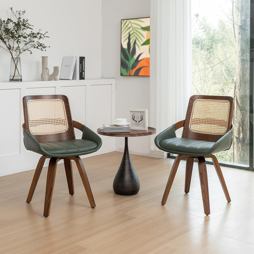 Set of 2 Green Rattan Dining Chairs - Mid Century Modern Dining Chairs with W...