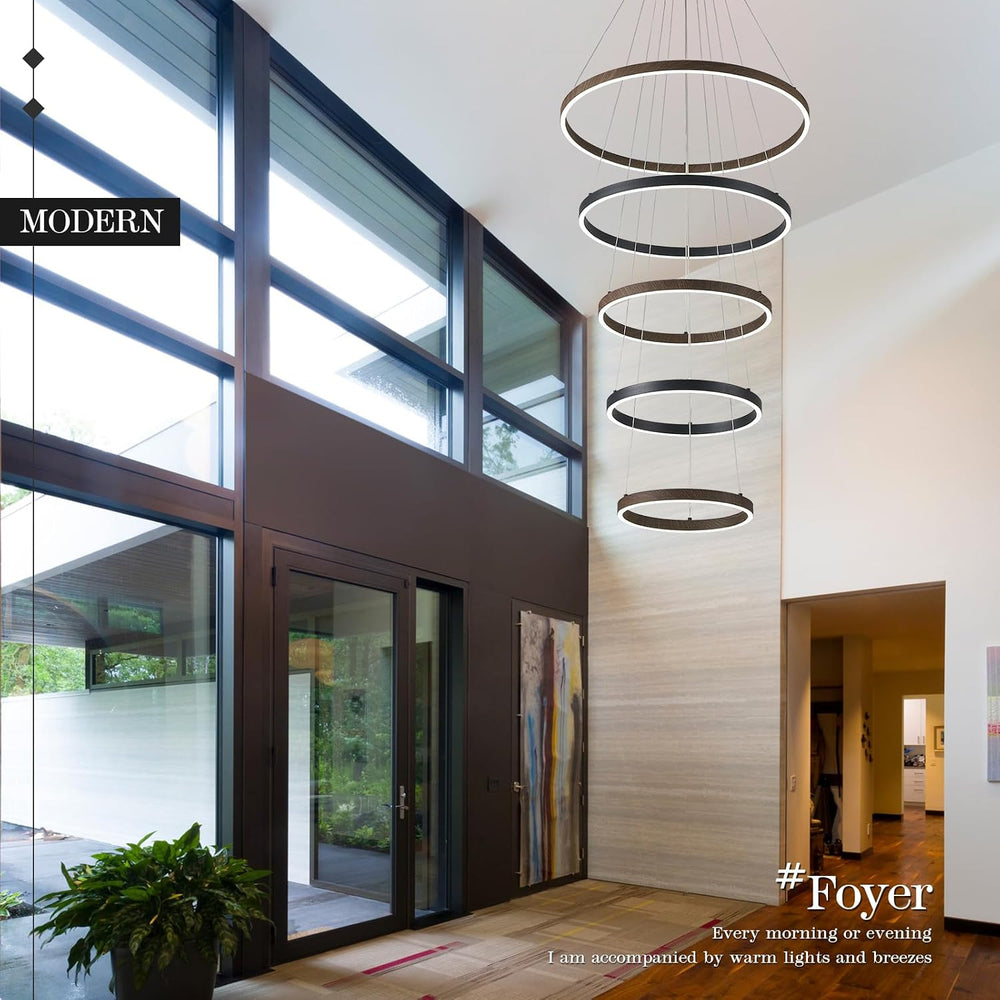 LED 5 Ring Chandelier High Ceiling Foyer Chandeliers Black Walnut Dimmable
