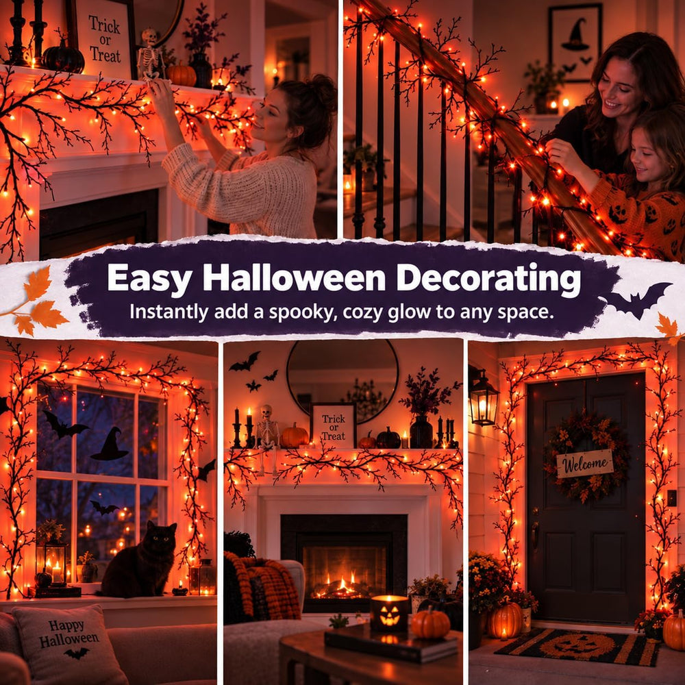 Halloween Garland with Orange Lights, 9 FT Bendable Black Branch, 72 LEDs