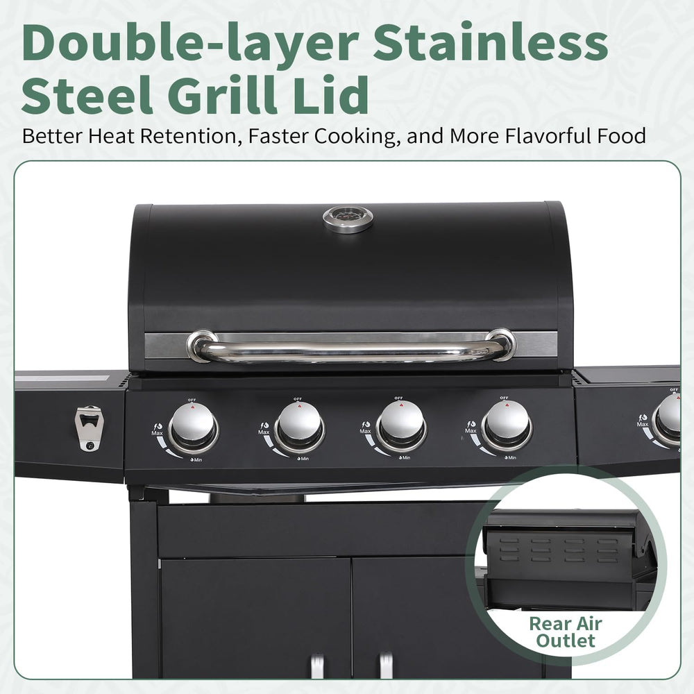 4-Burner Propane BBQ Gas Grill with Side Burner, Black