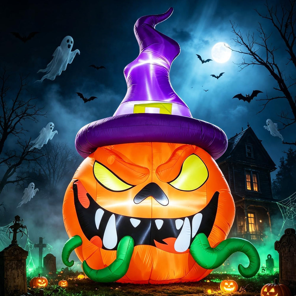 DomKom 12FT Halloween Inflatable Blow Up Decorations, Giant Pumpkin wear Witc...