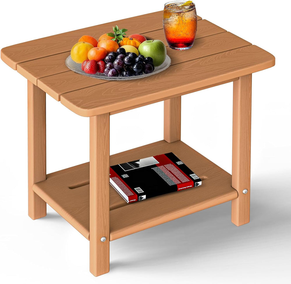 nevilywood 2-Tier Outdoor Side Table, HDPE Patio End Table, Teak
