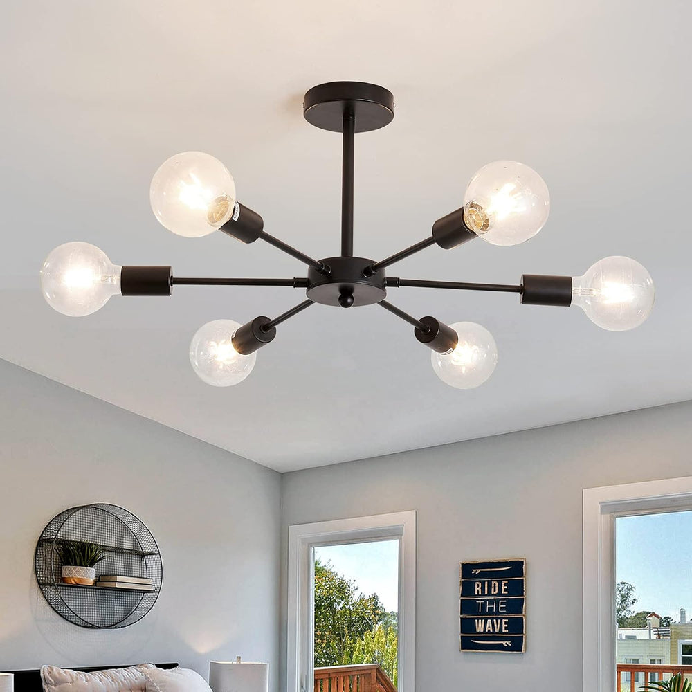 UOFUS Sputnik 6 Light Chandelier Black Mid Century Ceiling Light Fixture Mode...