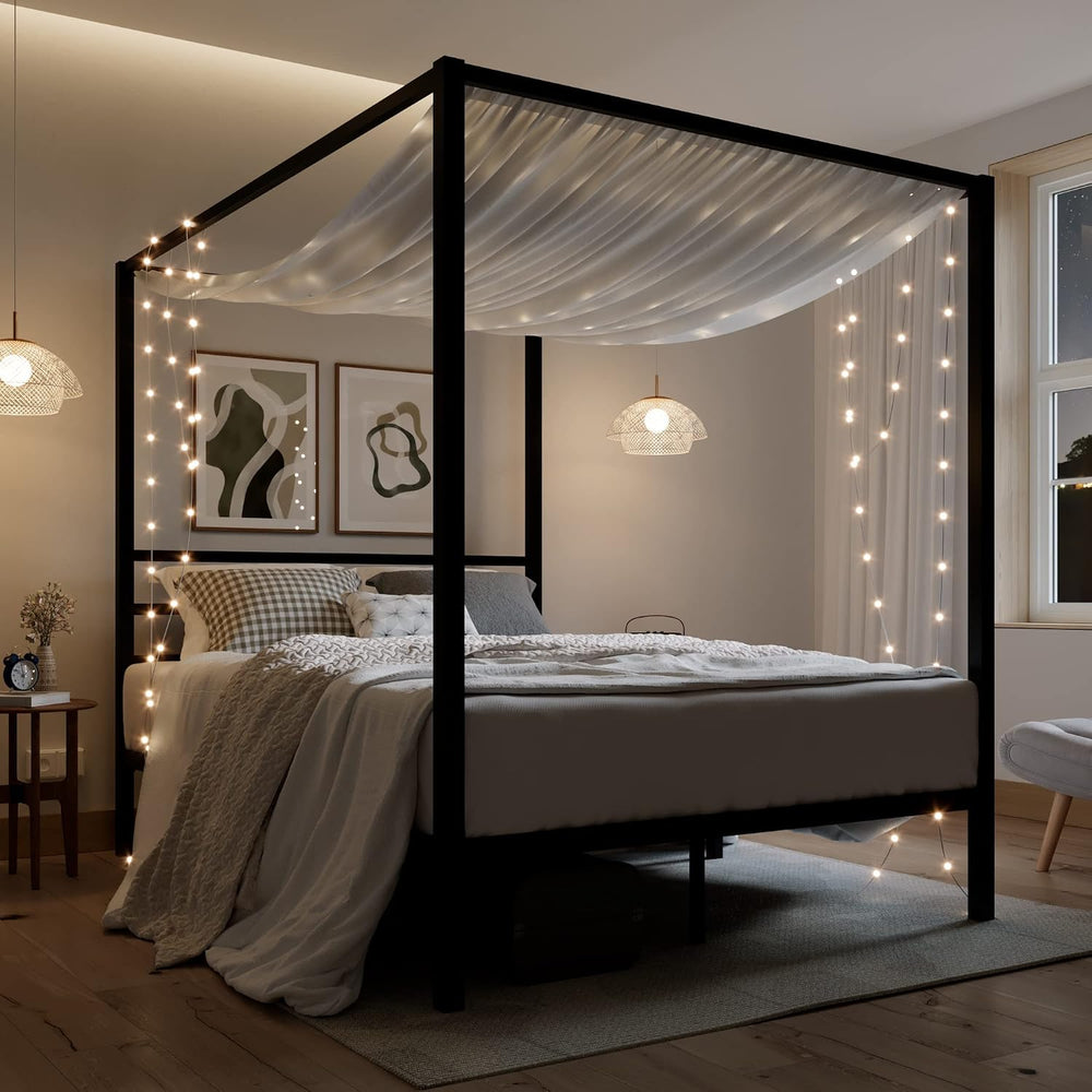 ikalido Queen Size Metal Canopy Bed Frame, Heavy-Duty Support, Black
