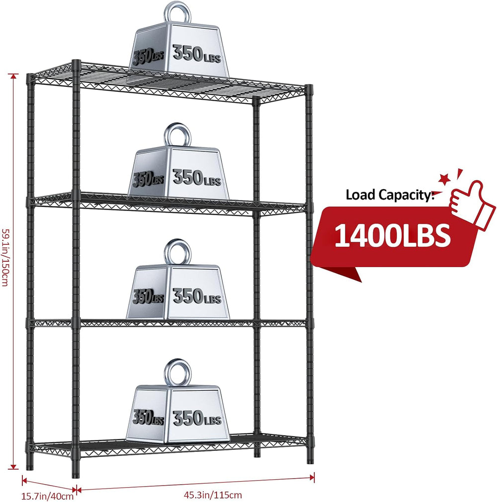 IZEUK 1400 LBS Garage Black Shelving Wide Storage Shelves 4 Tier Adjustable H...