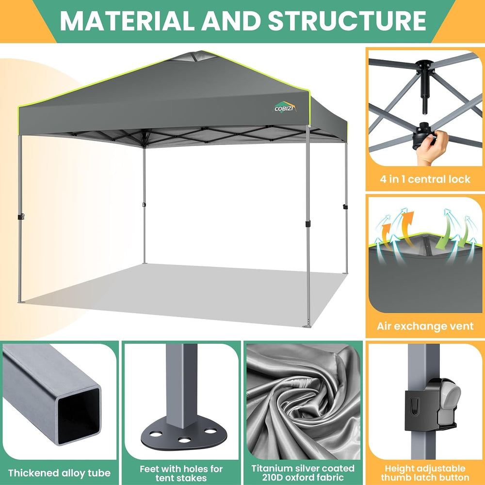 COBIZI 10x10 Pop Up Canopy - One Push Setup Tent, Glow Strips, 4 Sidewalls