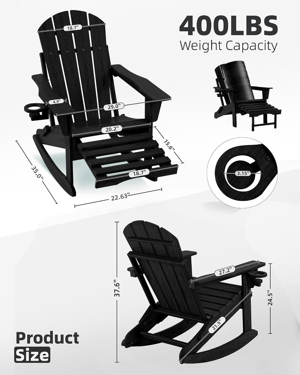 Folding Adirondack Rocking Chair,4-in-1 Multifunctional Patio Chair with Retr...
