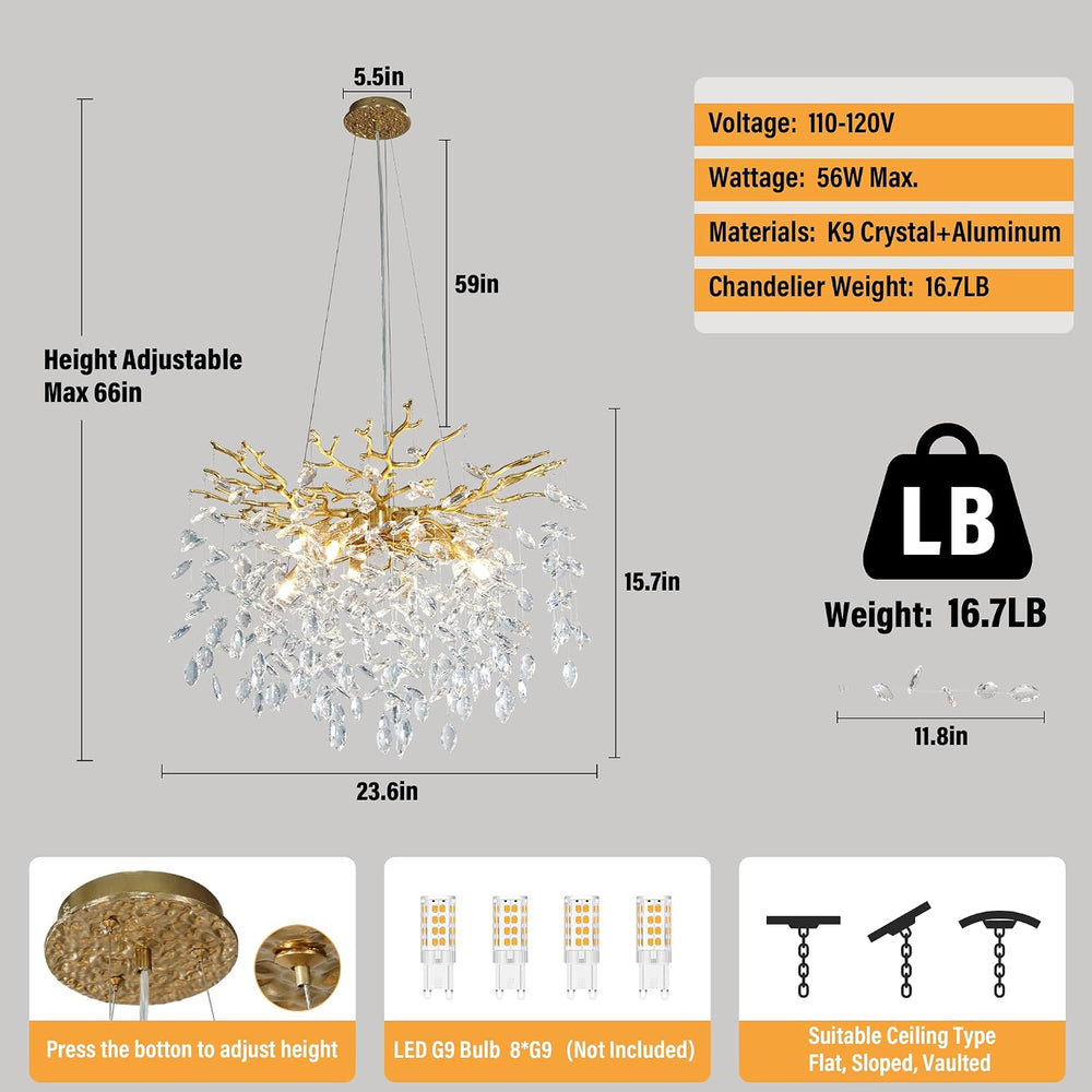 23.6" Modern Gold Tree Branch Chandelier, 8-Light Crystal Chandelier, Lu...