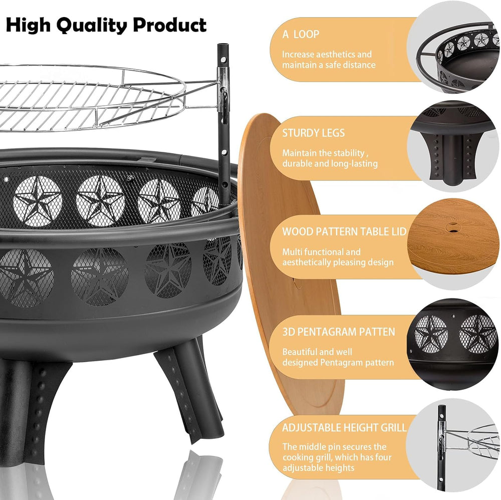 Verdeluxe 32 Inch Outdoor Fire Pit with Grill 3-in-1 Wood Burning
