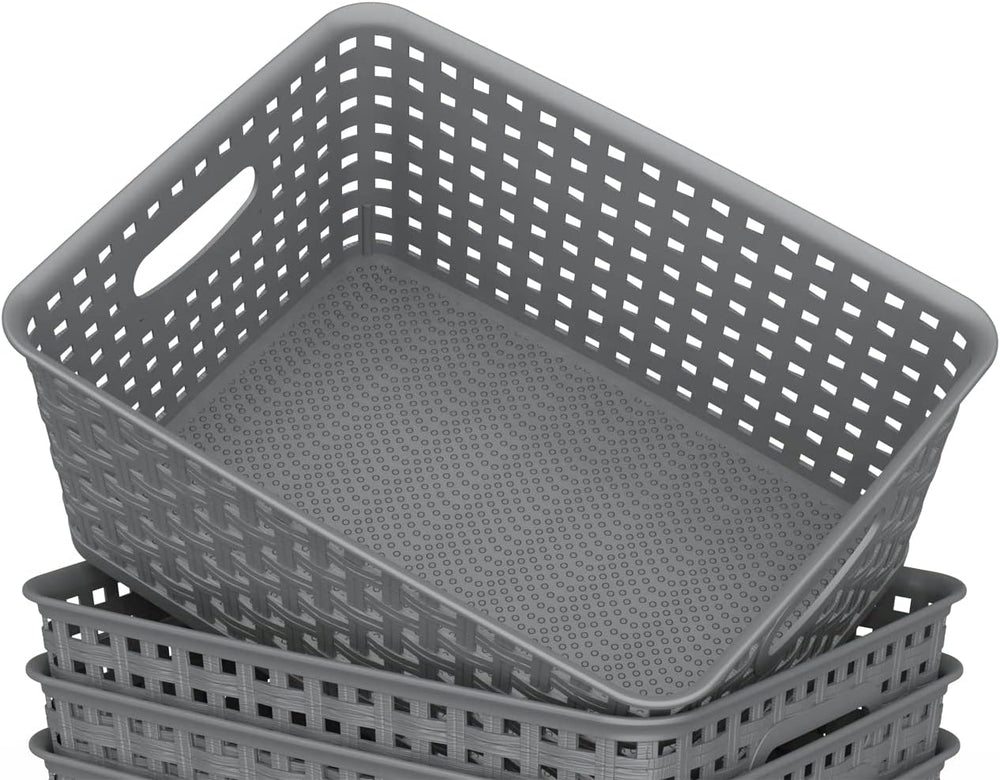 WYT 12-Pack Plastic Small Shelf Storage Weave Baskets for Organizing, Grey