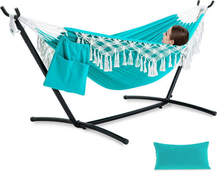 PNAEUT Handmade Tassel Hammock with Stand for Outside, 450 lbs Capacity