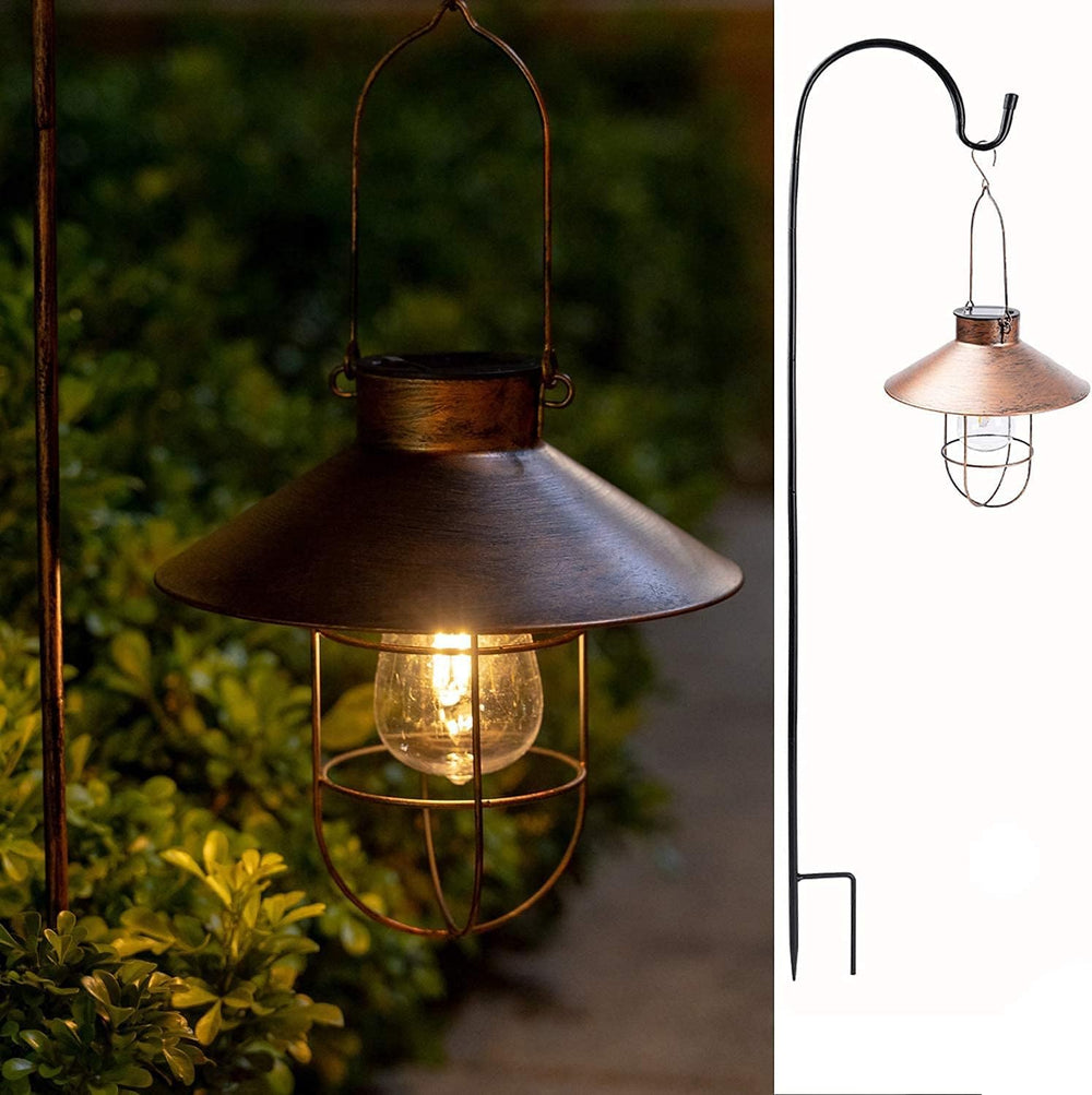 HUYIENO 2Pack Solar Metal Hanging Lantern with Shepherd Hook Outdoor Led Gard...