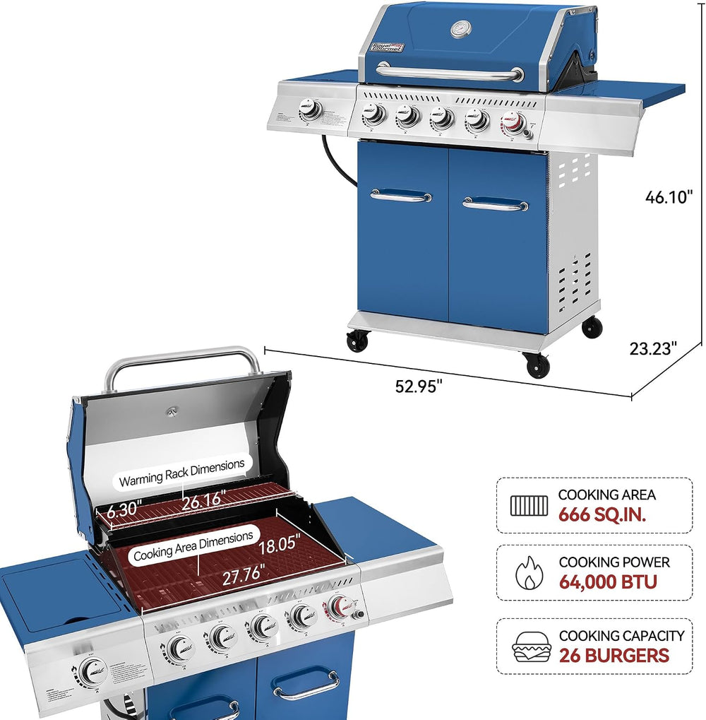 Royal Gourmet GA5403B 5 Burner Propane Gas Grill with Side Burner, Blue