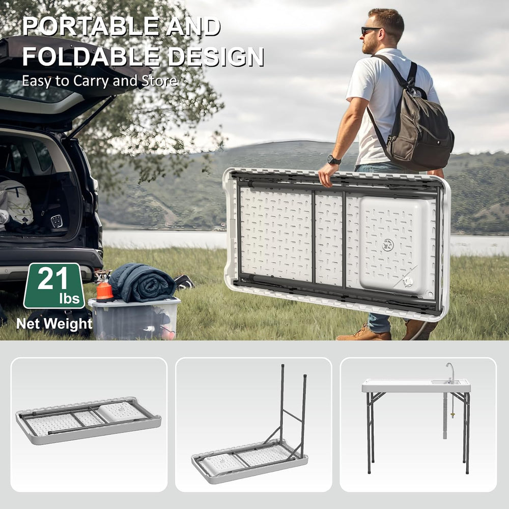 42.5" Fish Cleaning Table with Sink, Folding Camping Table & Fish Cl...