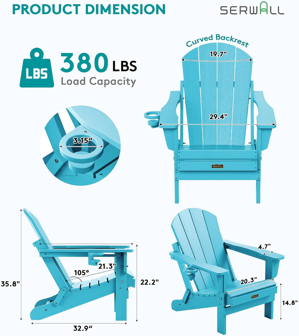 SERWALL Patio Folding Adirondack Chair Set of 2 with Cup Holder -Aruba Blue