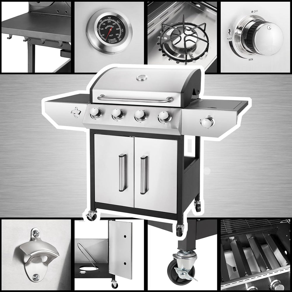 Kendane 4-Burner Propane Gas BBQ Grill with Side Burner, Barbecue Gas Grill w...