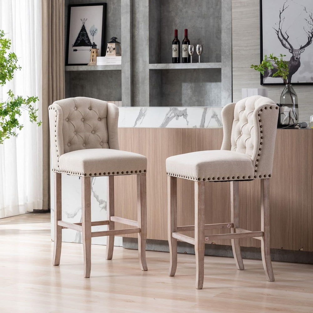Classic 30" Linen Bar Stools Set of 2, Button Tufted Wingback Tall Bar C...