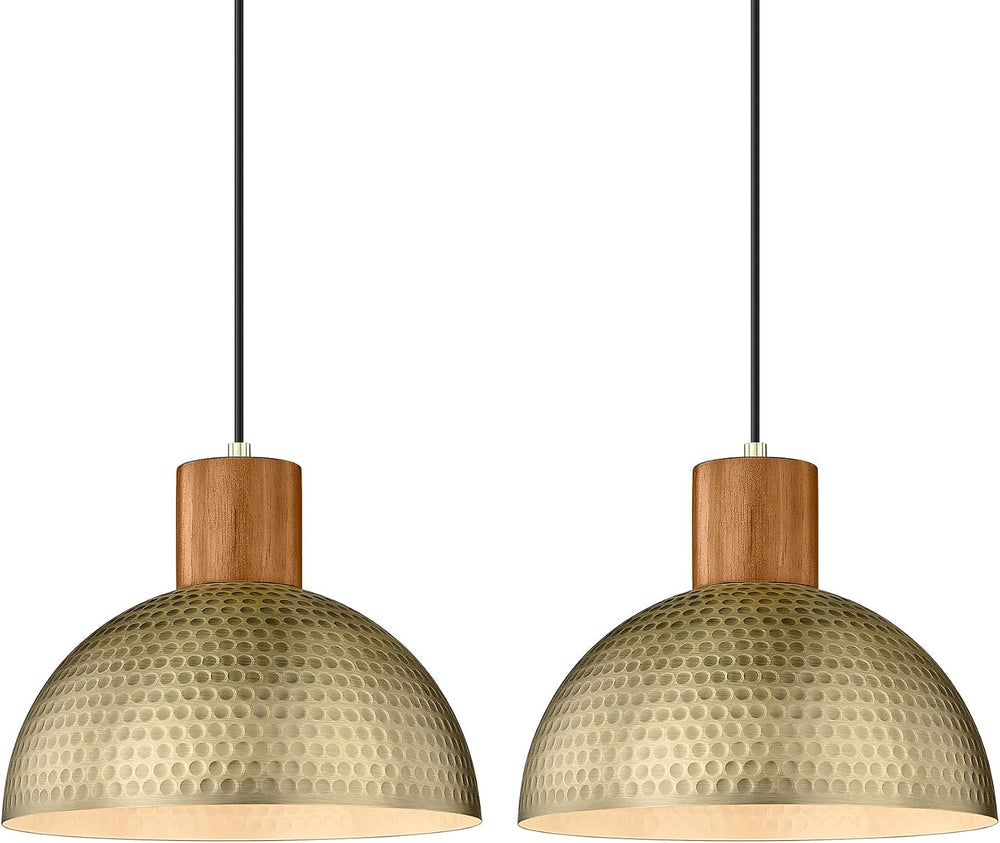 ELYONA 2 Pack Hammered Pendant Lights 12” Vintage Metal & Wood Dome Hangi...