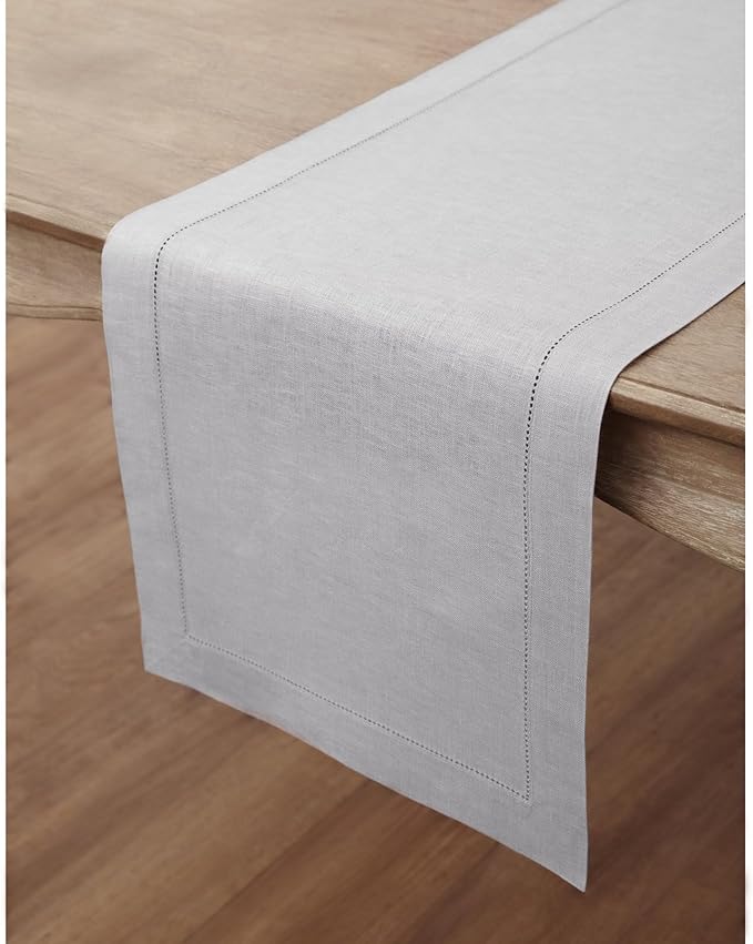 Solino Home Linen Soft Grey Table Runner 72 Inches Long - 100% Pure Linen Hem...